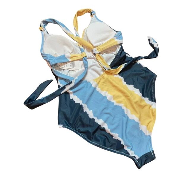 Jessica Simpson Smooth Sailing V-Neck One-Piece Swimsuit Blue Yellow Medium NWT - Picture 3 of 5